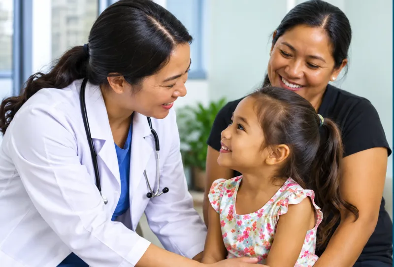 A doctor consulting with a child and their family